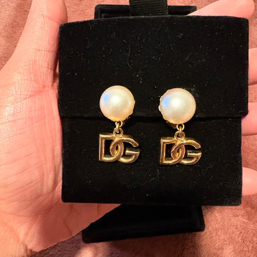 Dolce & Gabbana Gold and Pearl Logo Clip-On Earrings